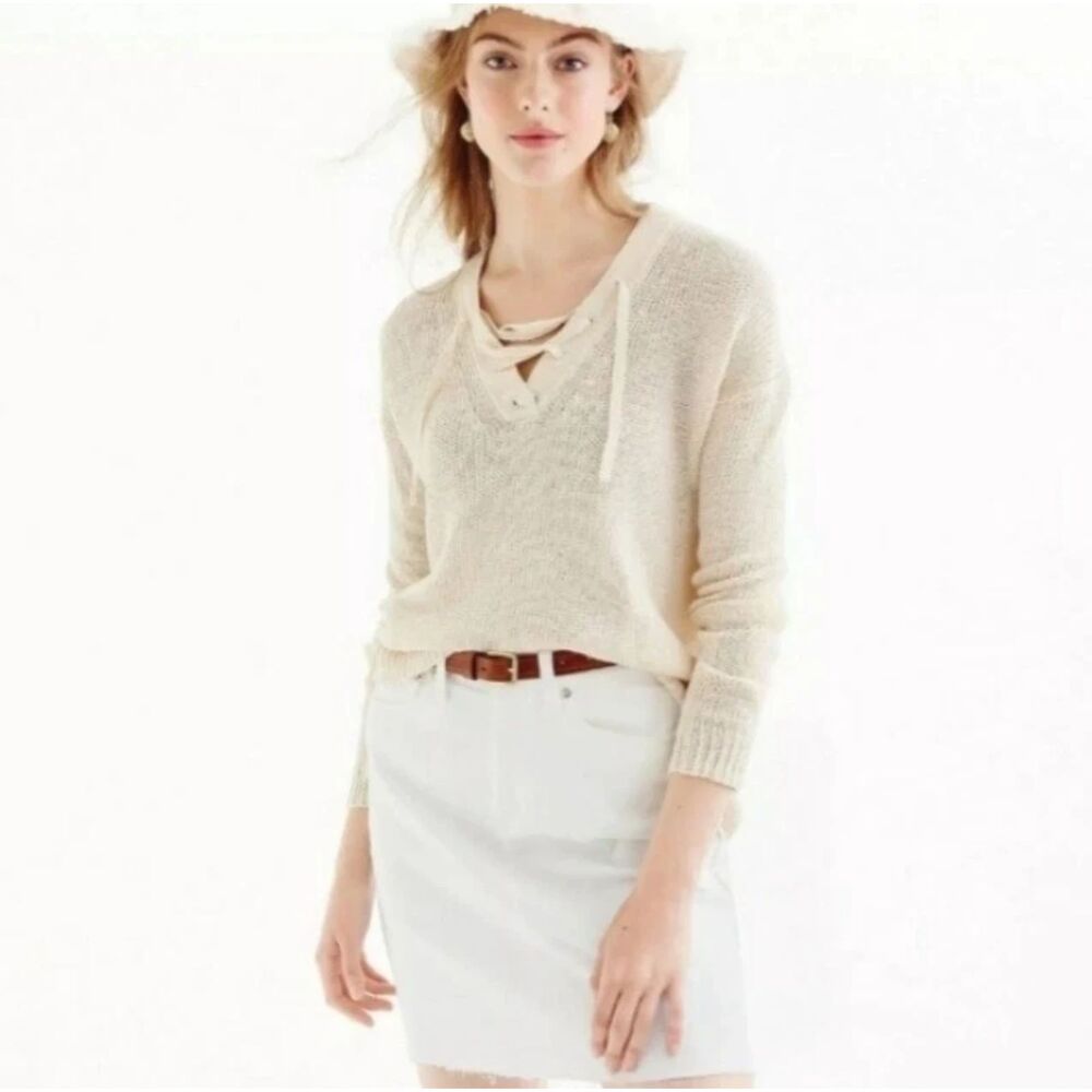 NWT J.Crew Linen Lace-Up Knit Sweater Coastal Chic Beachy - S